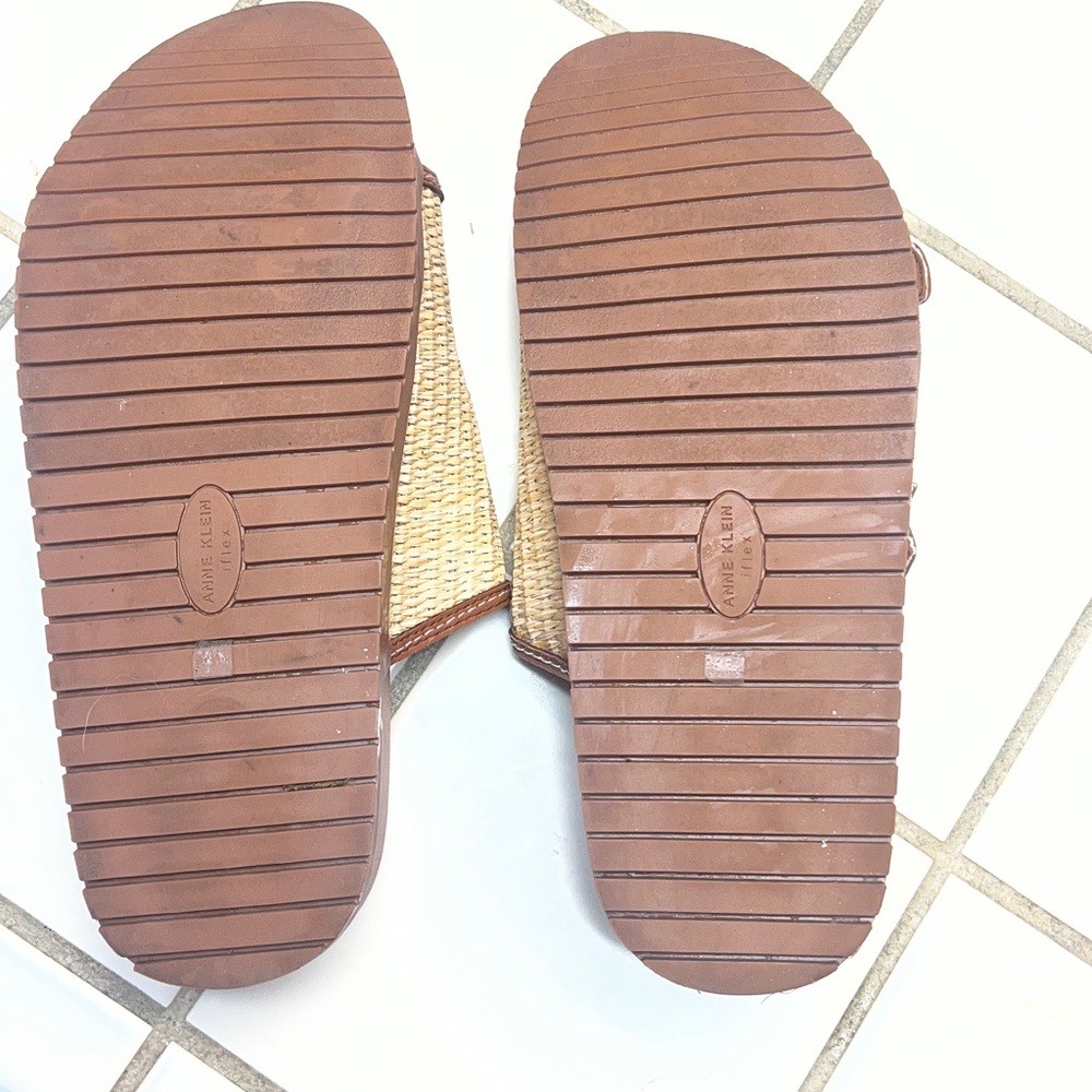 Anne Klein Brown and Natural Woven Double Buckle Slide Sandals - Picture 3 of 3